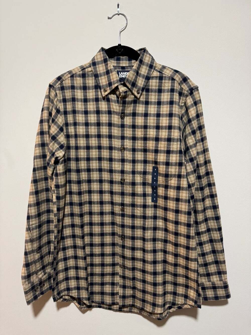 Lands’ End Men’s Flannel Shirt Small Navy Taupe Plaid 100% Cotton NWT